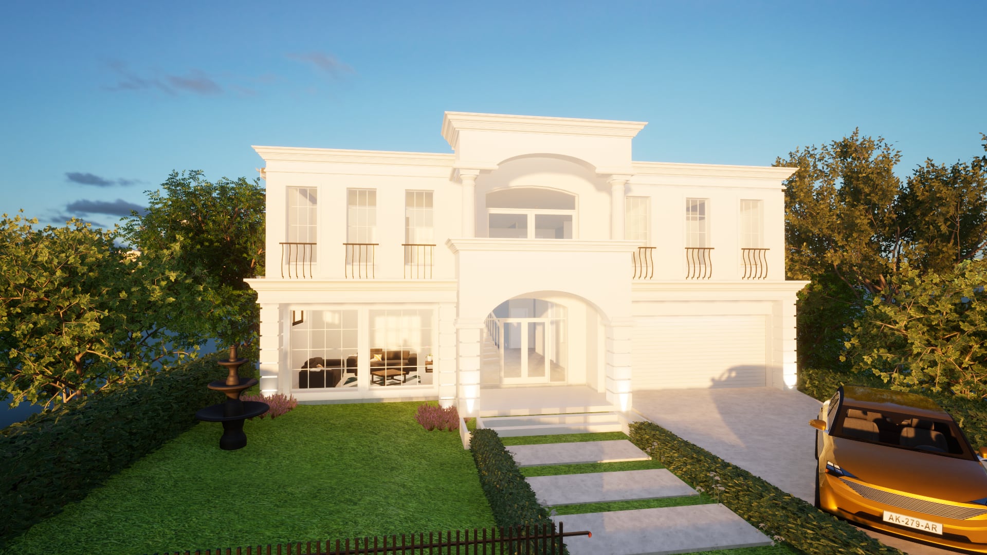 Daylight facade of the residence with the central entry and front garden
