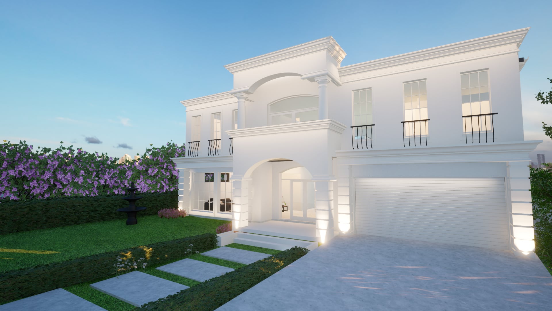 Angled daylight view of the grand entrance, columns and balcony